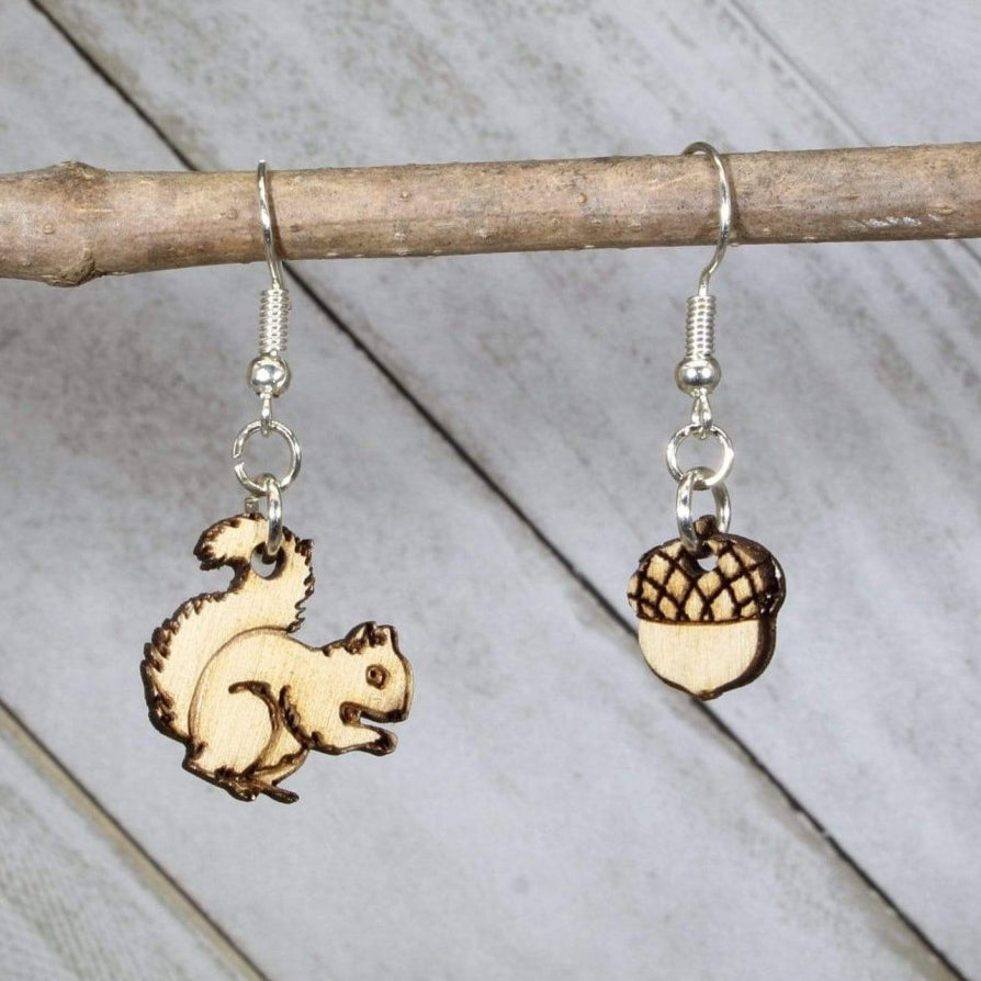 Squirrel and Acorn Wooden Dangle Earrings | Woodland Animal Jewelry by Cate's Concepts, LLC, handmade jewelry main product photo