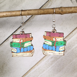 Stacked Books Wooden Dangle Earrings | Teacher & Book Lover Jewelry