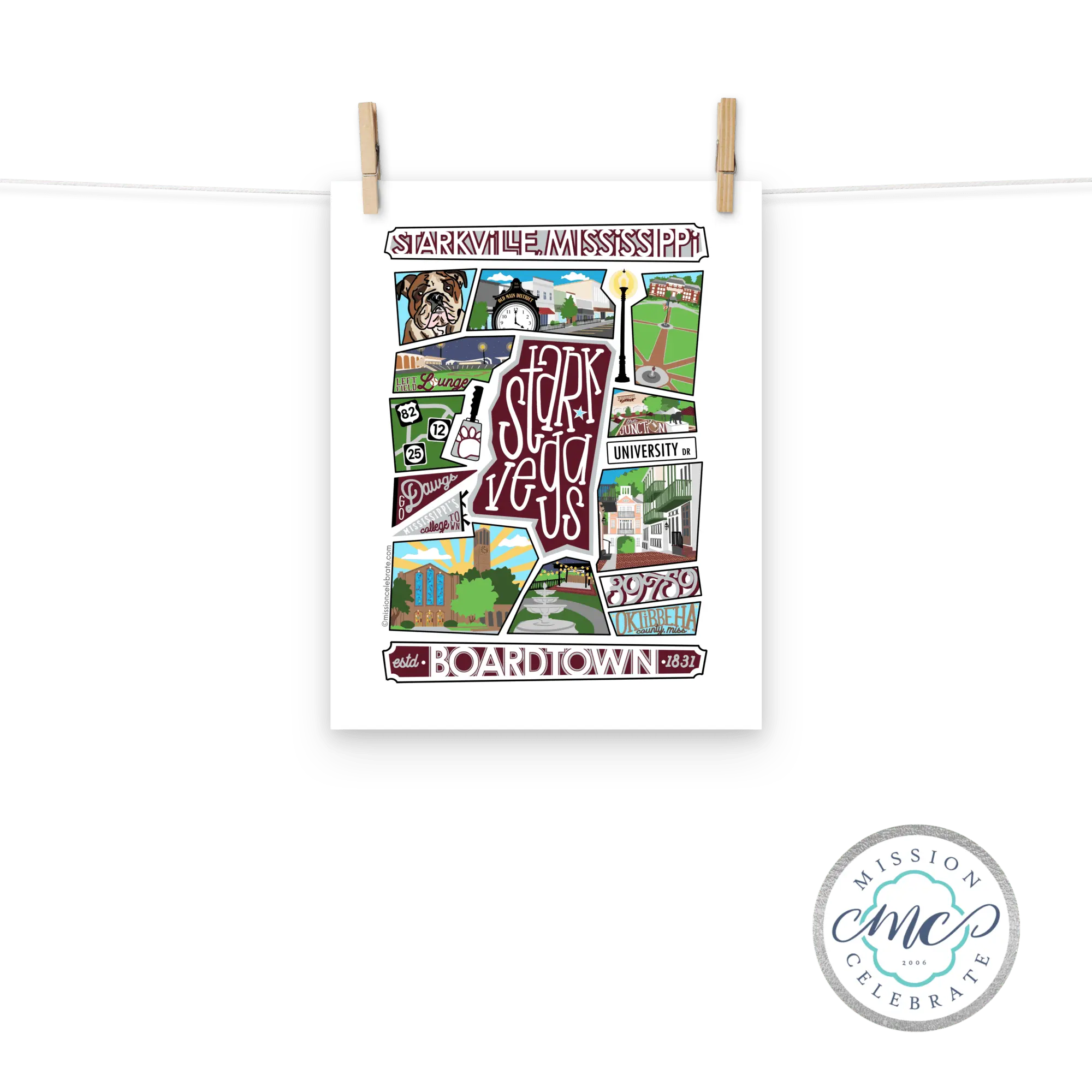 Starkville Mississippi Collage Art Print: Starkvegas Landmarks by Leslie Goncé.