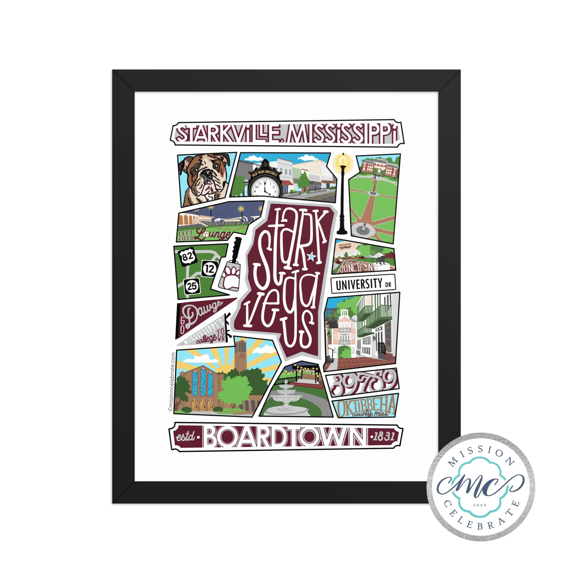 Starkville Mississippi Art Collage by Leslie Gonce - Framed Print of Starkvegas Highlights