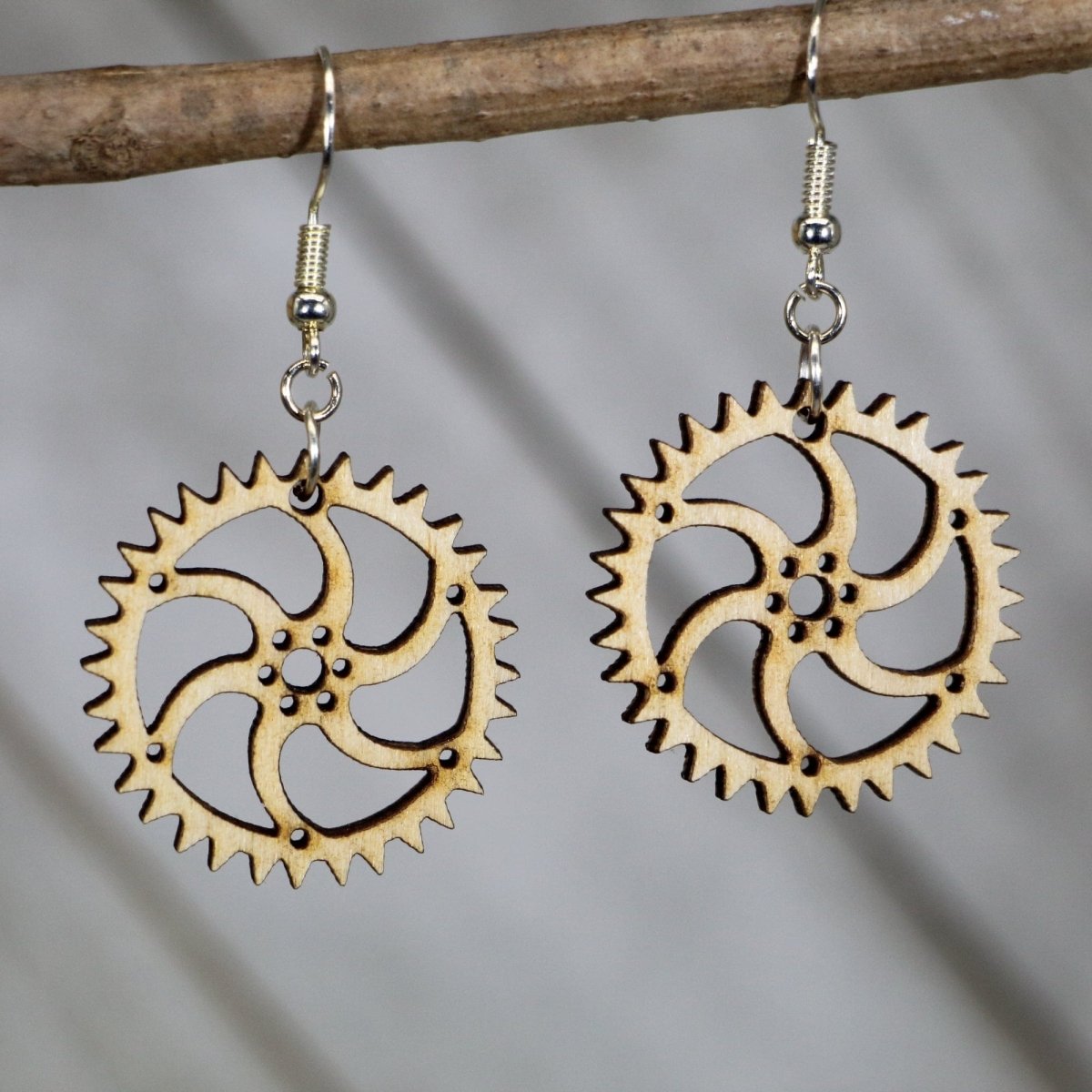 Steampunk Gear Wooden Earrings | Industrial Retro Jewelry