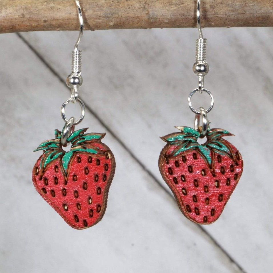 Strawberry Wooden Dangle Earrings | Fruit Jewelry detail view by Cate's Concepts, LLC