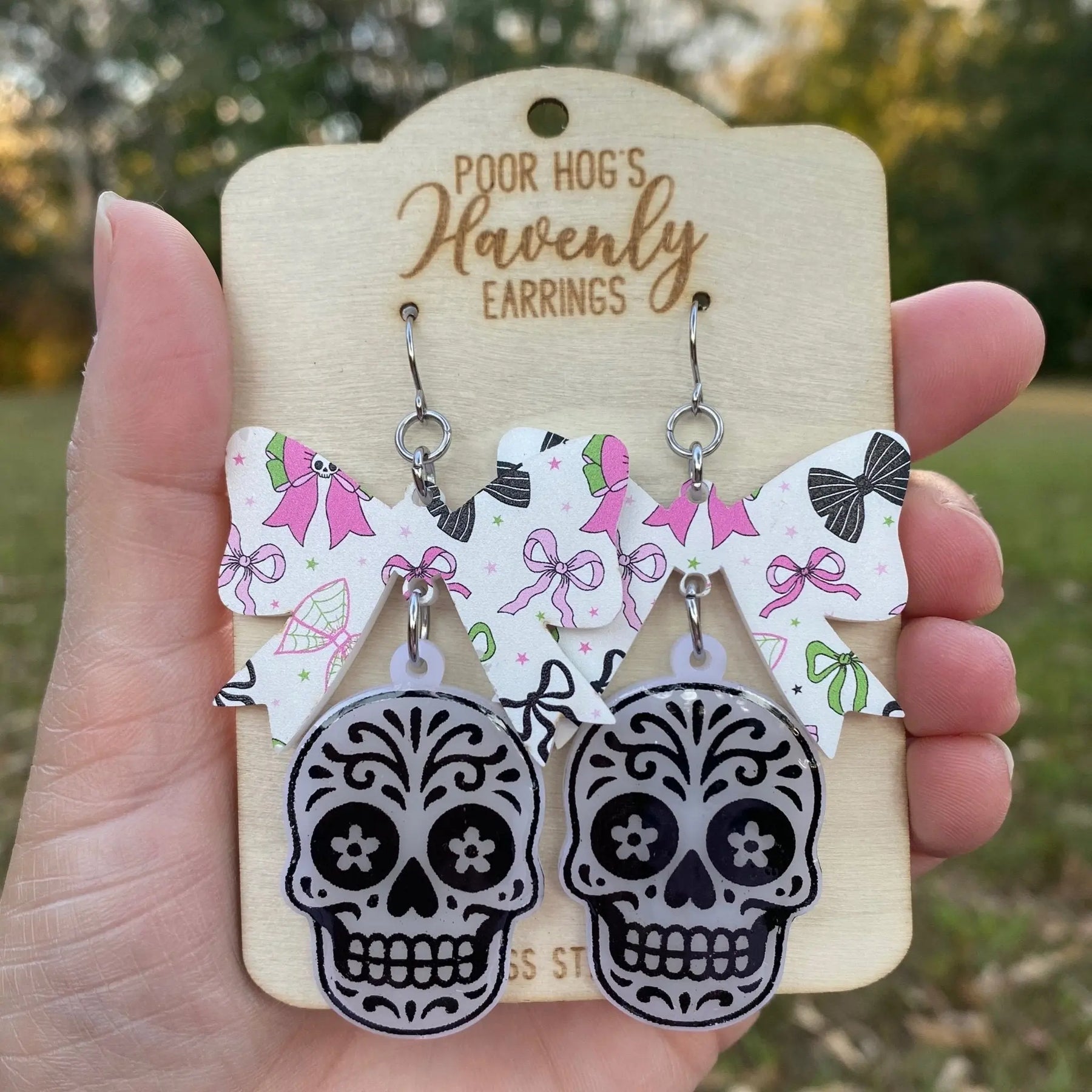 Sugar Skull Bow Halloween Earrings by Poor Hog Customs, handmade jewelry main product photo
