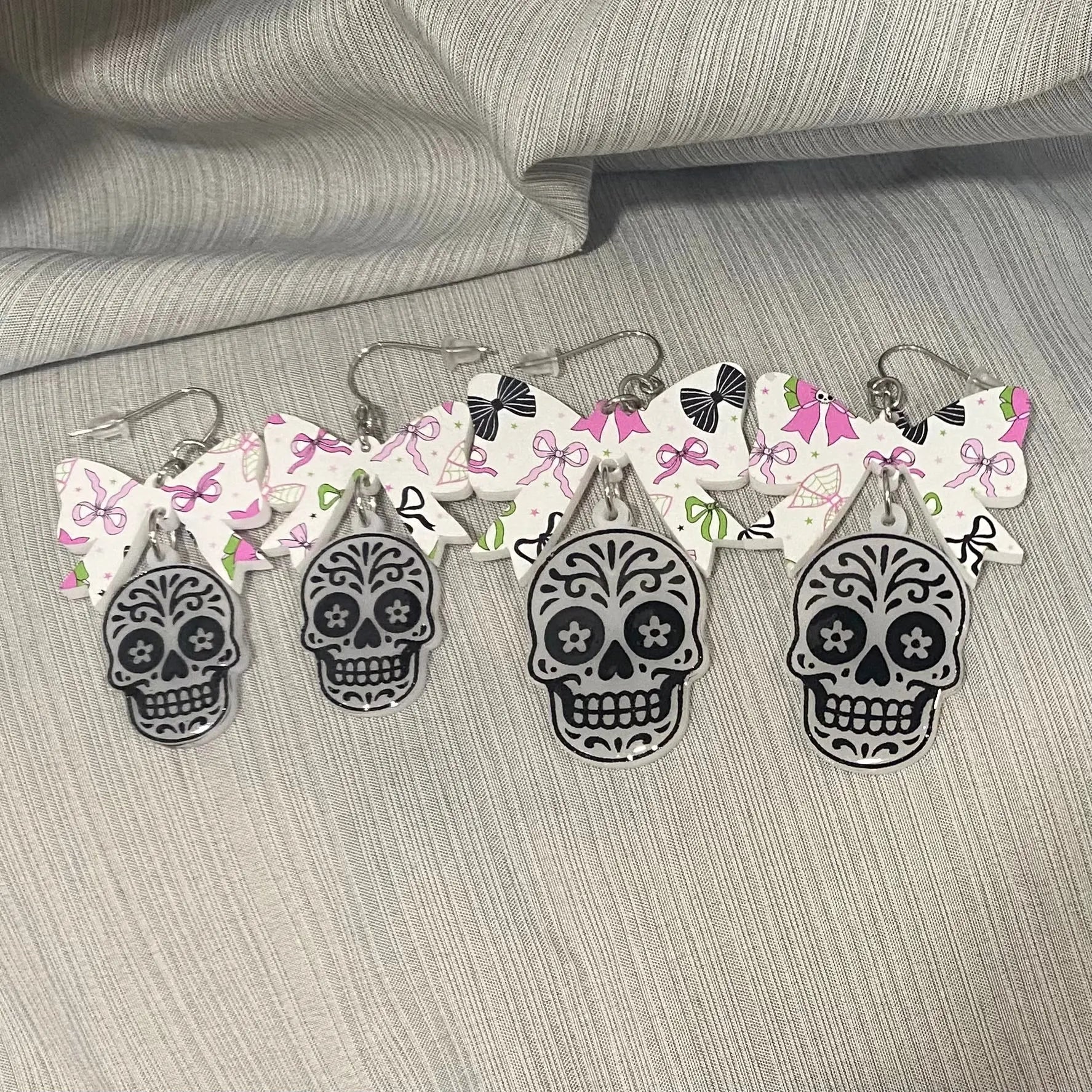 Sugar Skull Bow Halloween Earrings by Poor Hog Customs, handmade jewelry detail photo 3