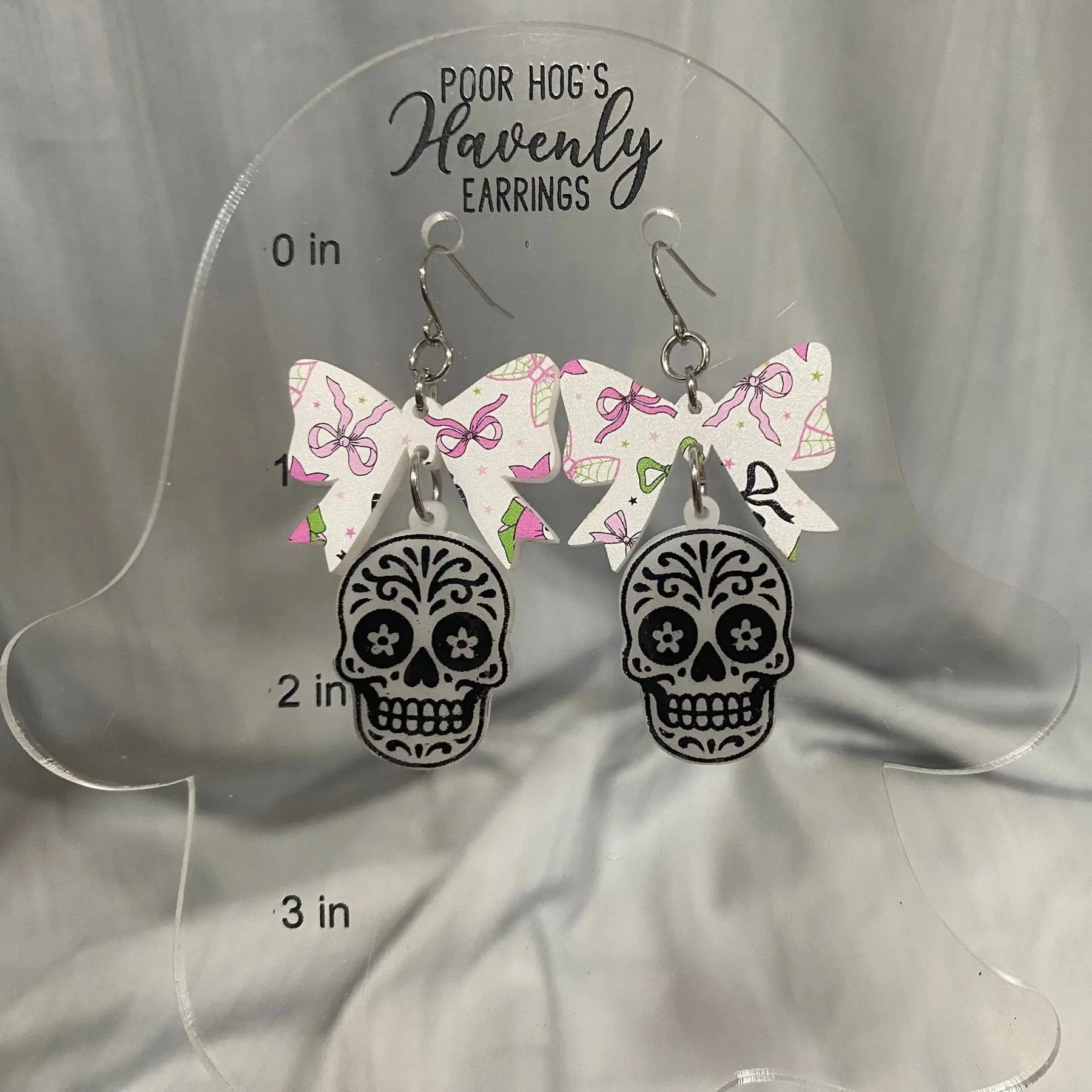 Sugar Skull Bow Halloween Earrings by Poor Hog Customs, handmade jewelry detail photo 6