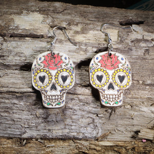 Sugar Skull Wooden Dangle Earrings | Day of the Dead Jewelry