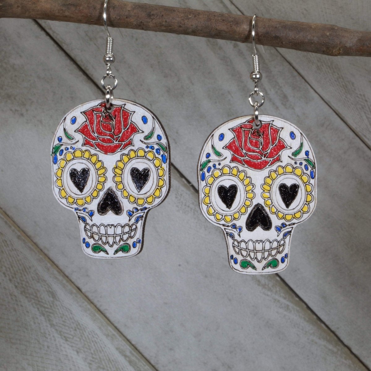 Sugar Skull Wooden Dangle Earrings | Day of the Dead Jewelry by Cate's Concepts, LLC, handmade jewelry main product photo