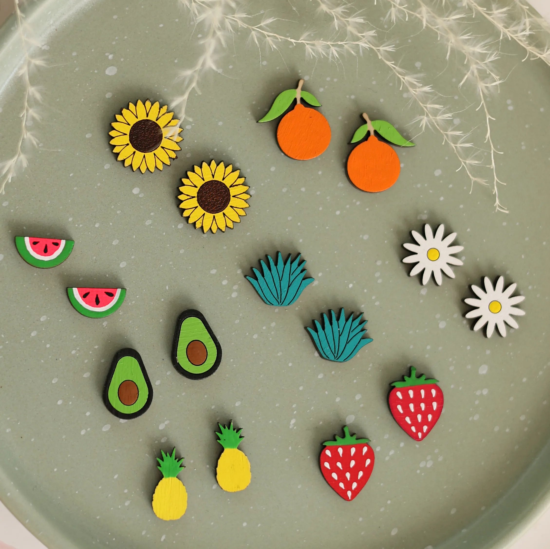 Additional view of Watermelon Stud Earrings hand painted on lightweight wood by LE CHIC MIAMI