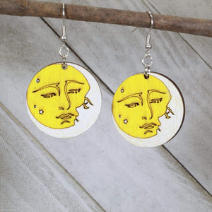 Sun and Moon Wooden Dangle Earrings | Celestial Yin Yang Jewelry detail view by Cate's Concepts, LLC