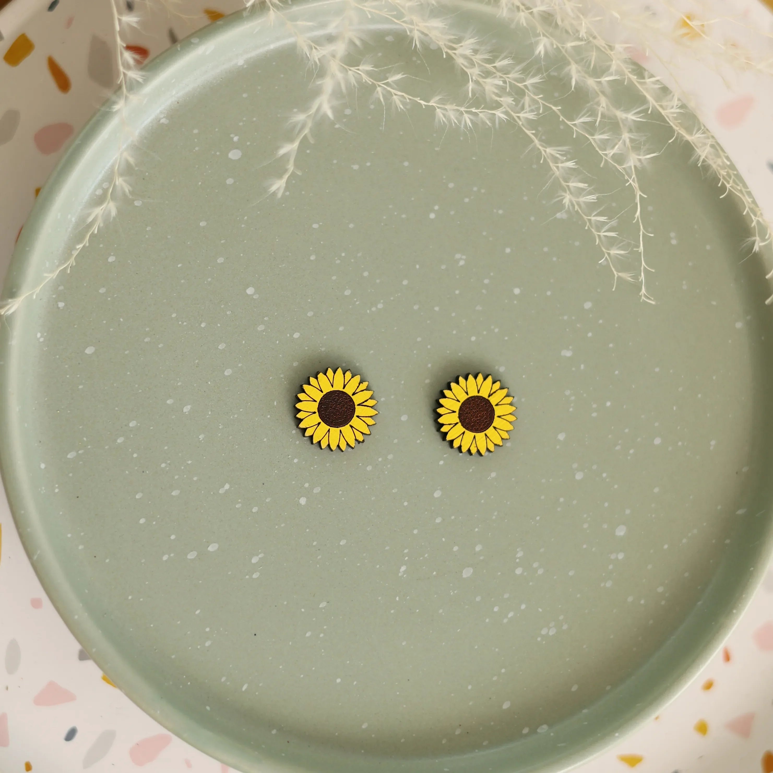 Additional view of Sunflower Stud Earrings hand painted on lightweight wood by LE CHIC MIAMI