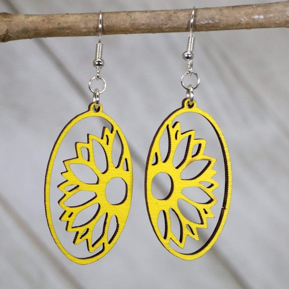 Sunflower Cutout Wooden Earrings | Floral Nature Jewelry by Cate's Concepts, LLC, handmade jewelry main product photo