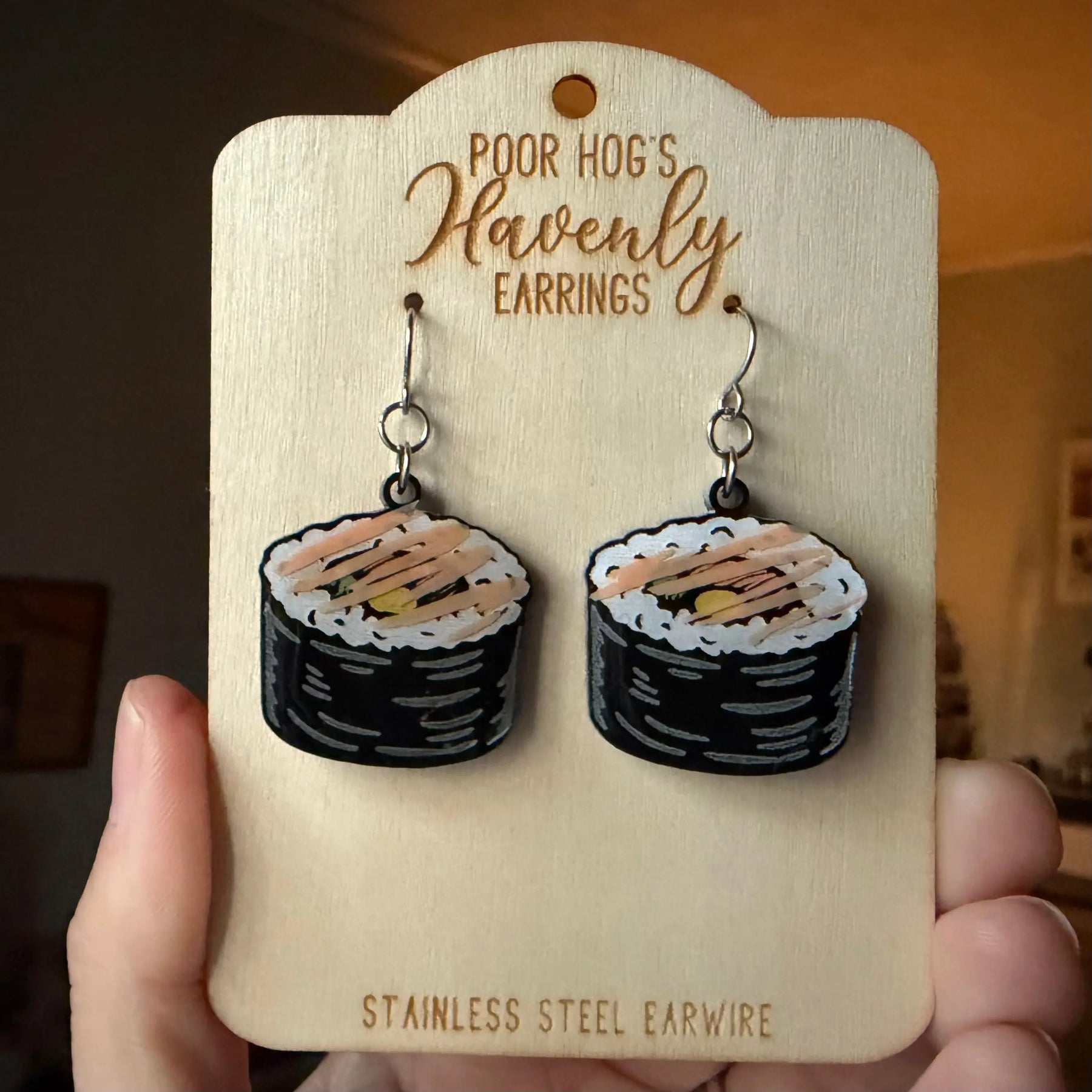Sushi Lover Acrylic Earrings by Poor Hog Customs, handmade jewelry detail photo 3