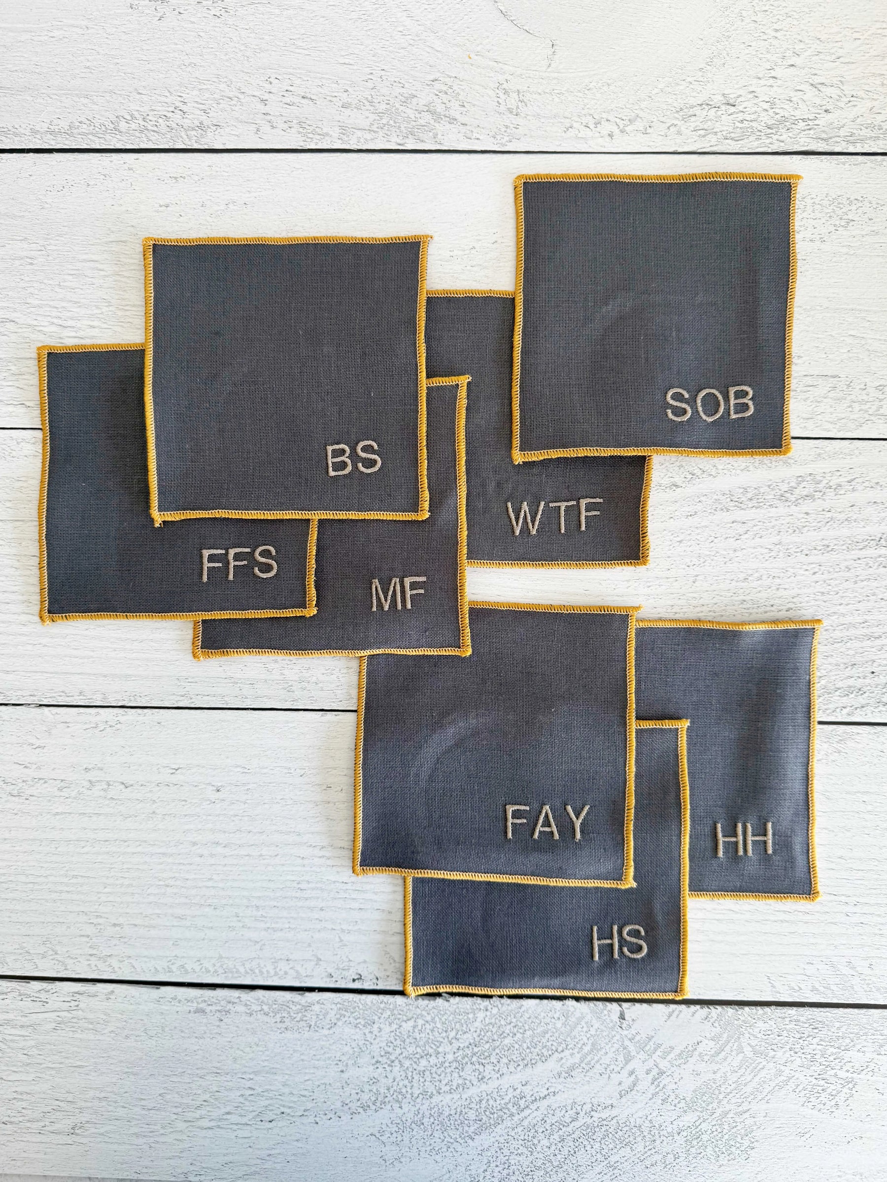 Sweary Cocktail Coasters in Grey Linen, set of eight by Dot and Army, Southern home decor detail photo 2