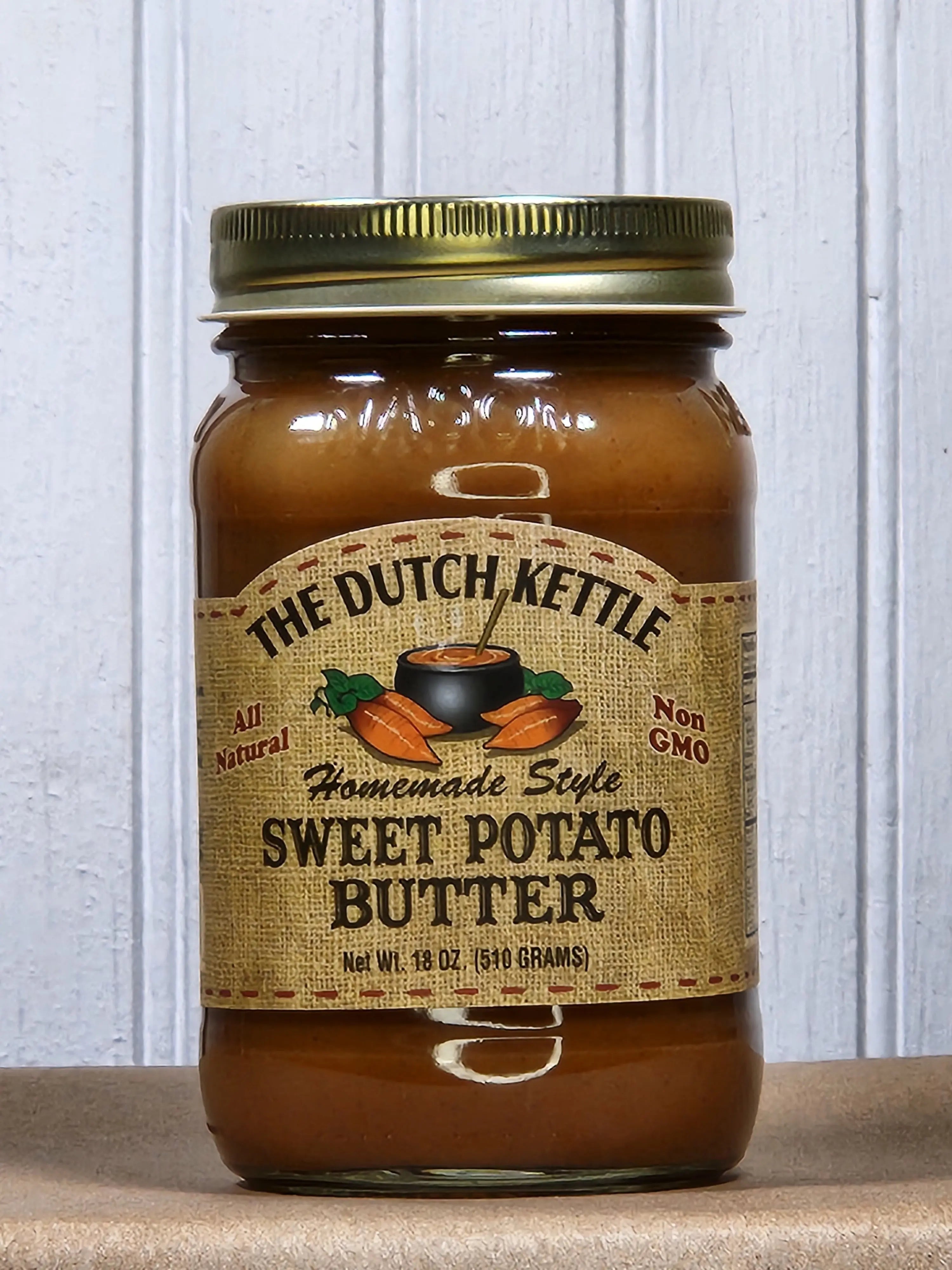 The Dutch Kettle Sweet Potato Butter in glass jar.