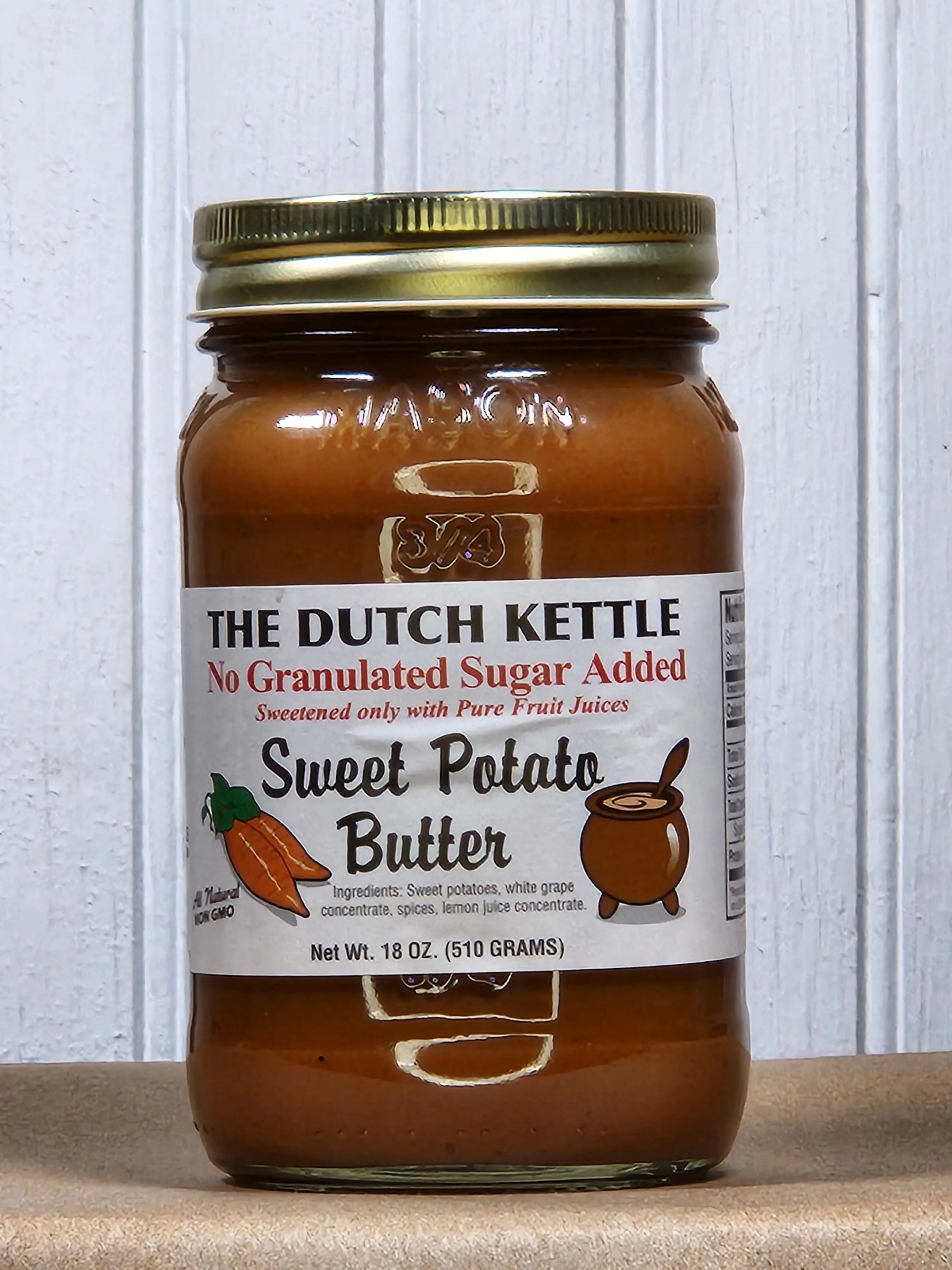 The Dutch Kettle Sweet Potato Butter, No Sugar Added, in a mason jar.