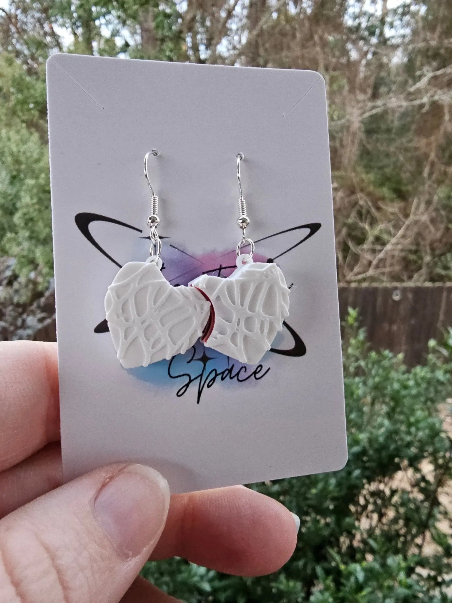 Sweet Treat Heart Dangle Earrings: White Textured Heart, Drizzle Design, Hooks. Valentine's Day Gift Idea, Tween Space Handmade Jewelry.