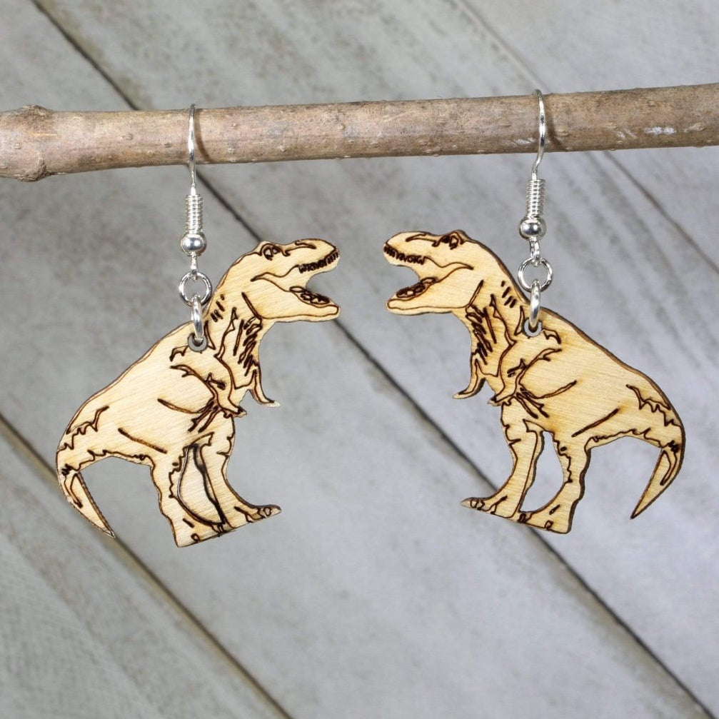 T Rex Dinosaur Wooden Dangle Earrings | Prehistoric Jewelry