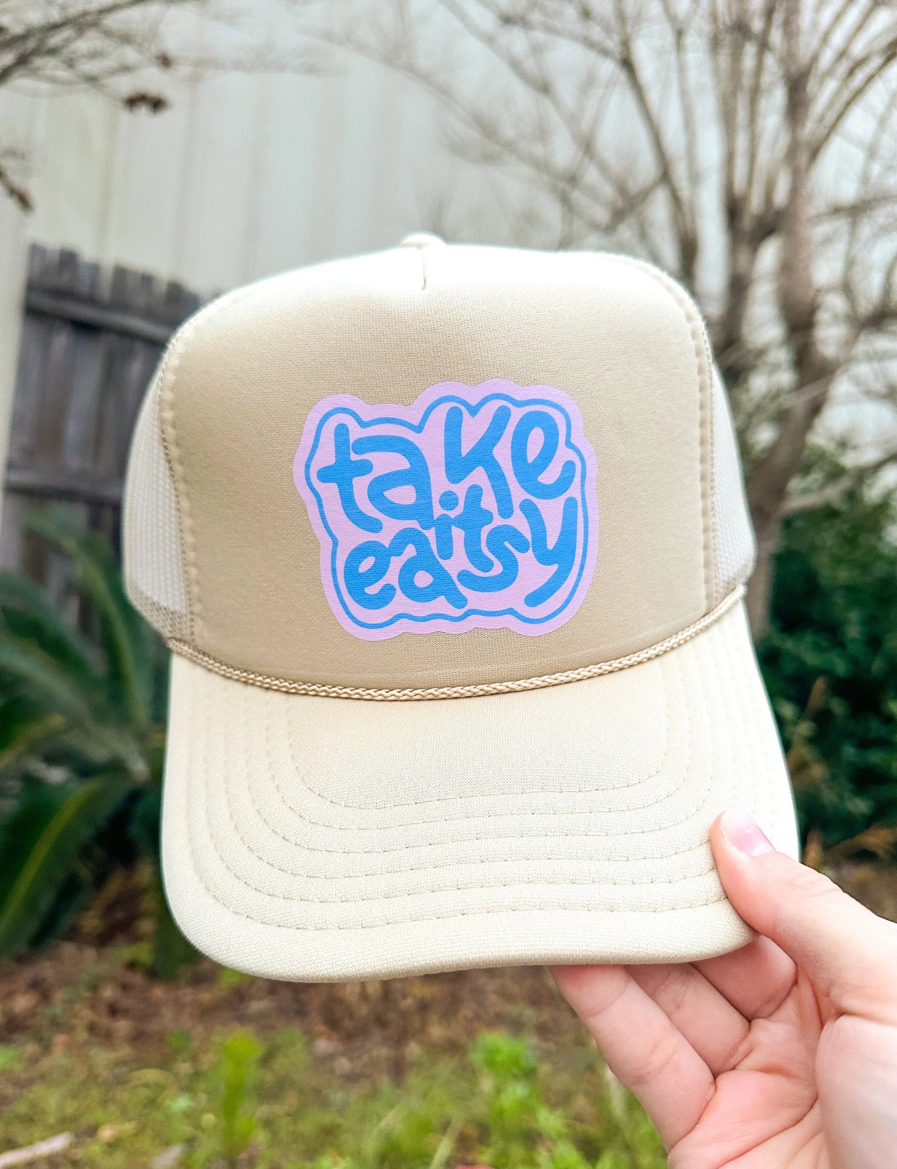 Take It Easy Khaki Trucker by Southern Bliss Company, custom hat main product photo