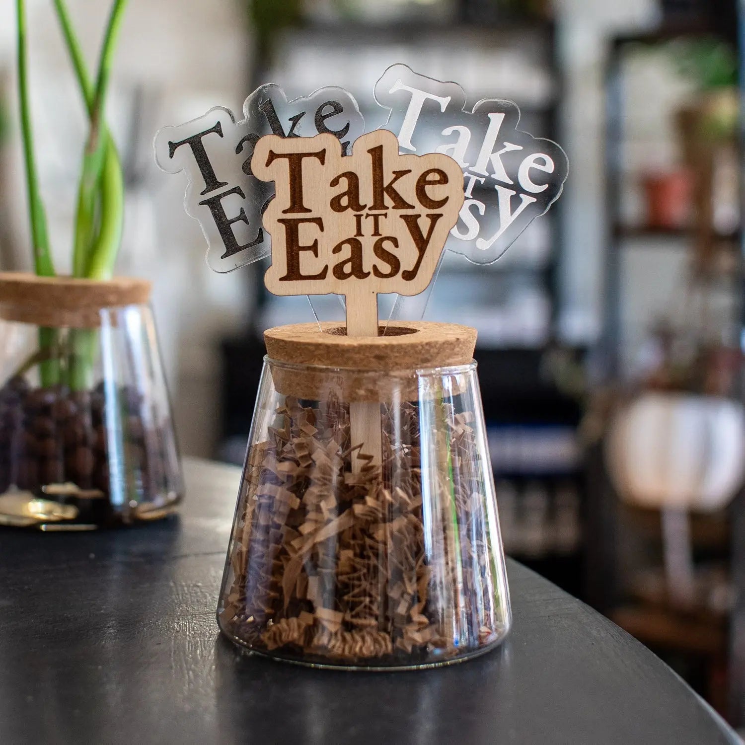 Wooden plant stake with "Take It Easy" text in a glass jar.