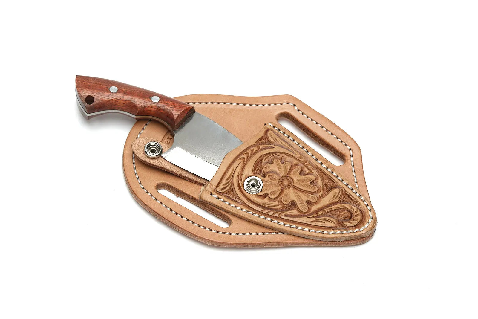 Tan Floral Knife Sheath with Knife by Texas Saddlery, leather knife sheath detail photo 2