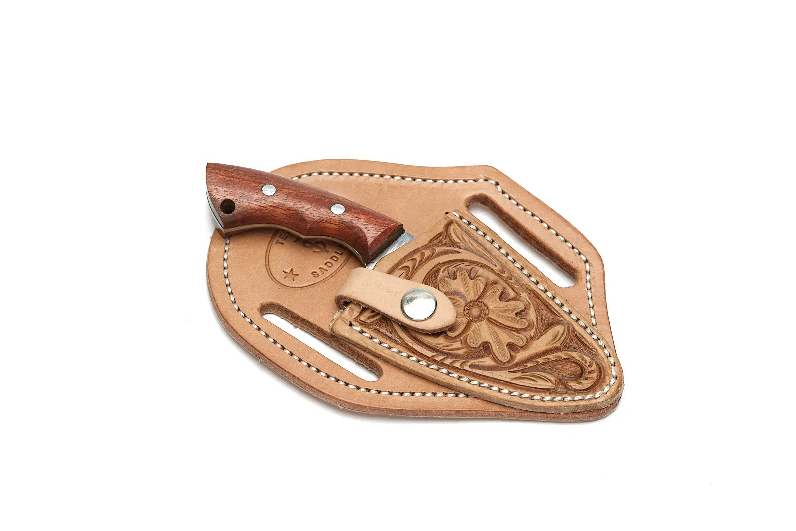 Tan Floral Knife Sheath with Knife by Texas Saddlery, leather knife sheath detail photo 3