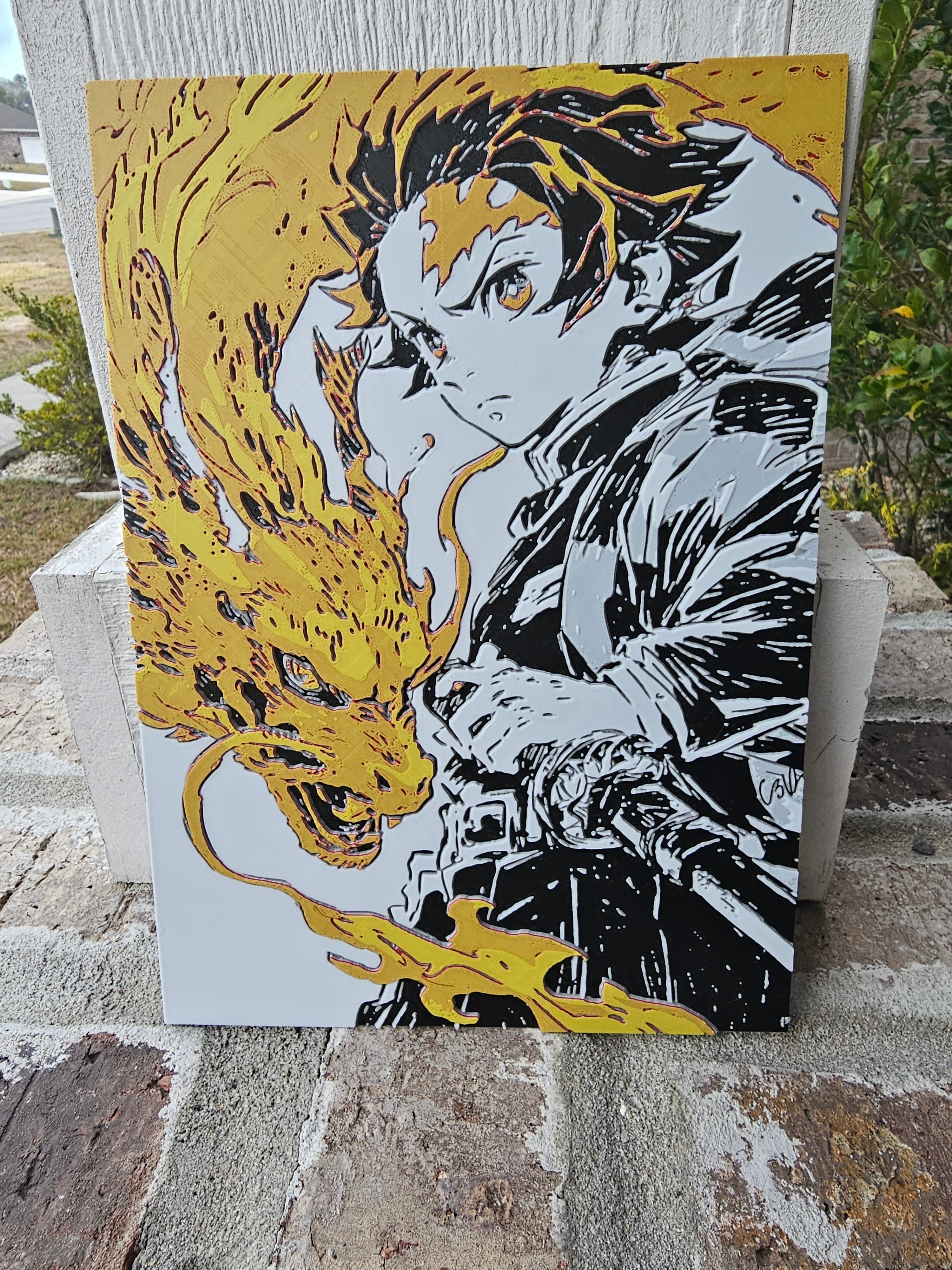 Tanjiro Hinokami Kagura filament painting, Demon Slayer anime wall art with fire dragon.