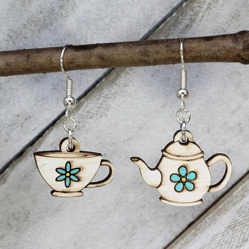 Teapot and Cup Wooden Dangle Earrings | Mismatched Tea Jewelry