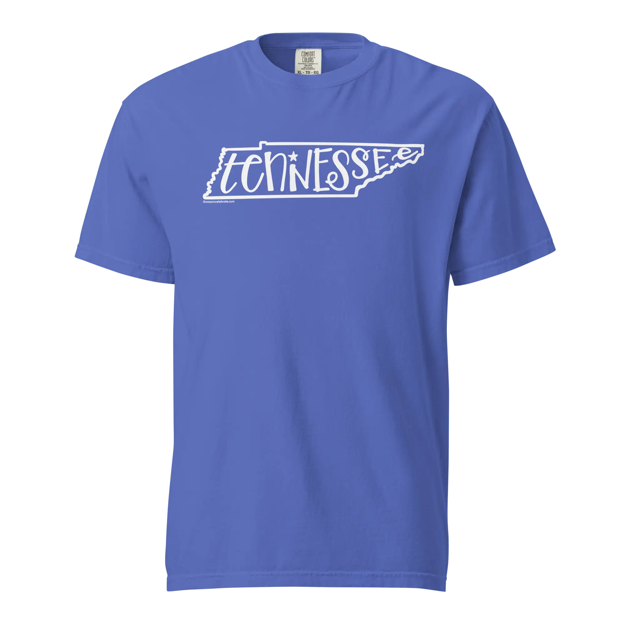 Tennessee State T-Shirt: White Bouncy Letters Handlettered Art on Blue Comfort Colors Tee.
