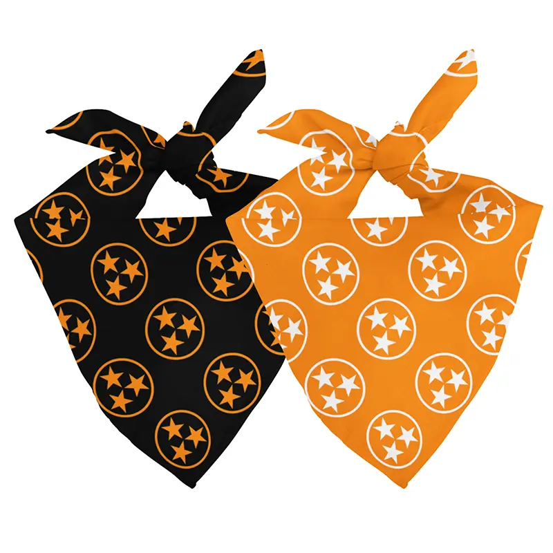 Two Tennessee tri-star dog bandanas, one black and one orange, shown tied.