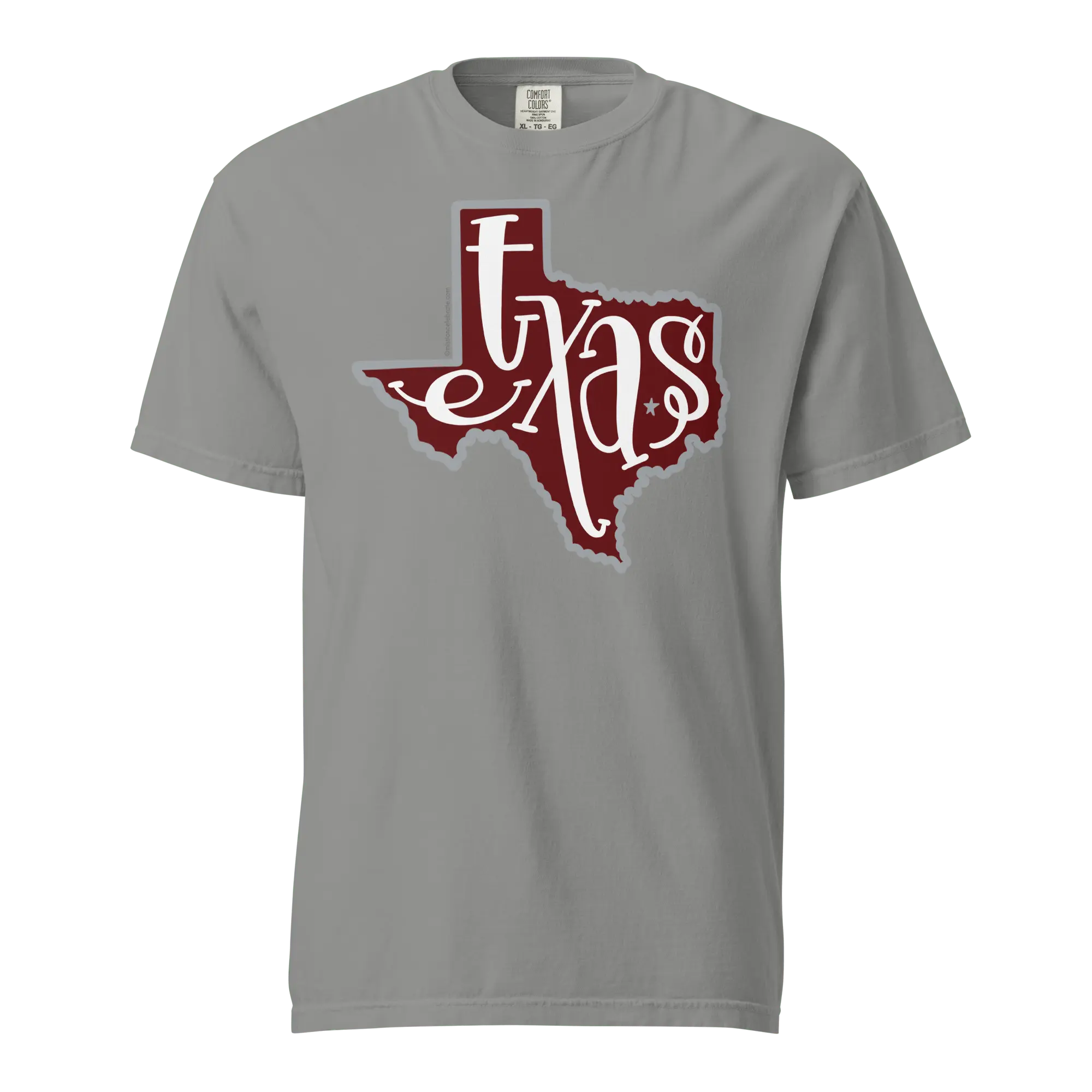 Texas T-shirt Comfort Colors. Grey Tee with Texas state and handlettered graphic by Leslie Gonce. Texas Apparel, Casual Wear.