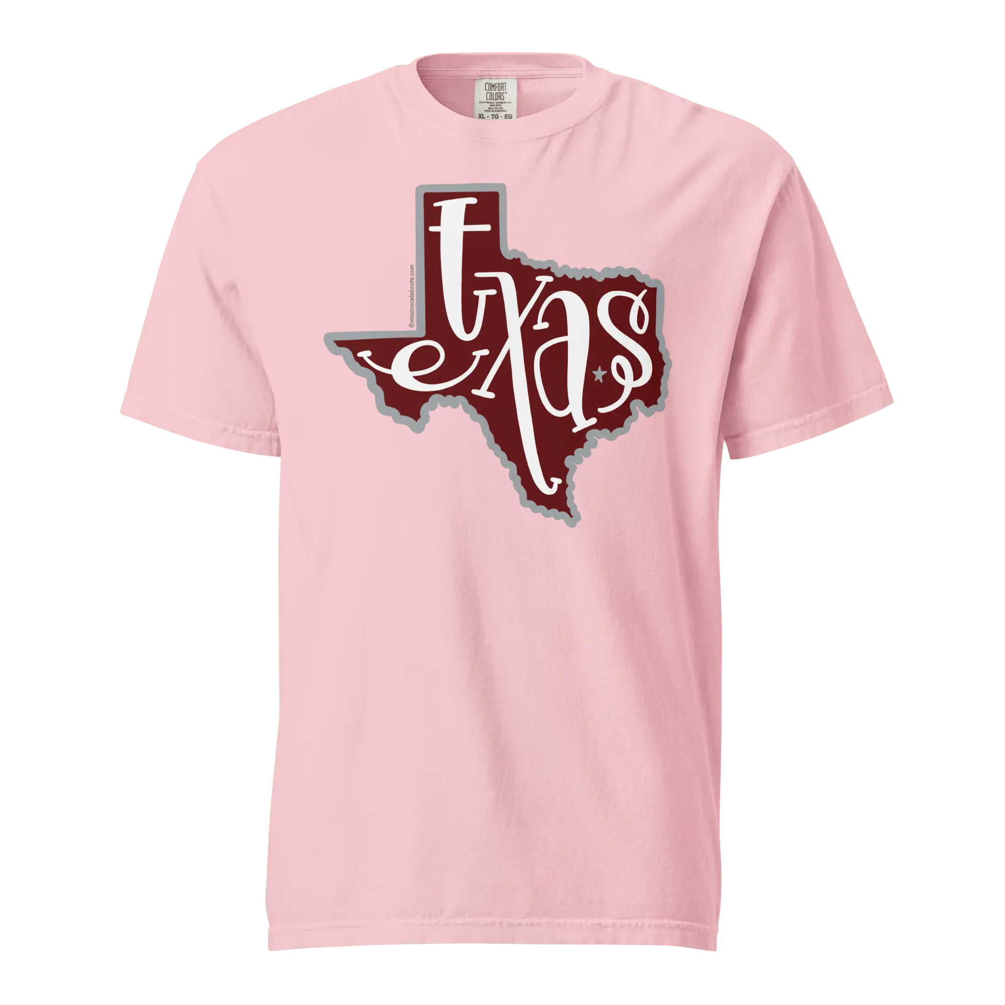 Pink T-shirt with "Texas" script. "TEXAS BOUNCY LETTERS HANDLETTERED ART BY © LESLIE GONCE COMFORT COLORS SHORT SLEEVE TEE