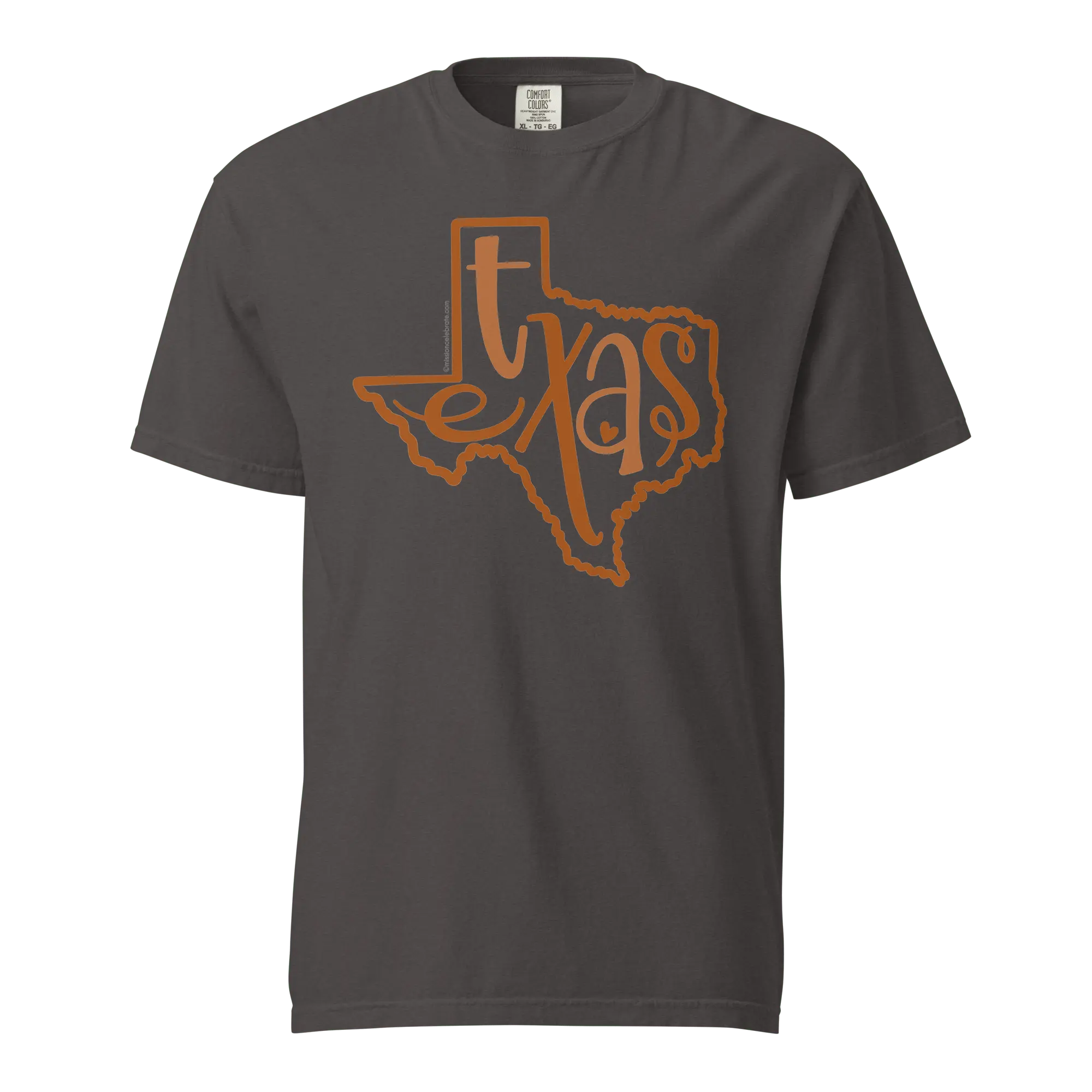 Texas T-shirt: Burnt Orange State Outline, Bouncy Lettering, Comfort Colors Tee. Shop Main Street Collective Now!