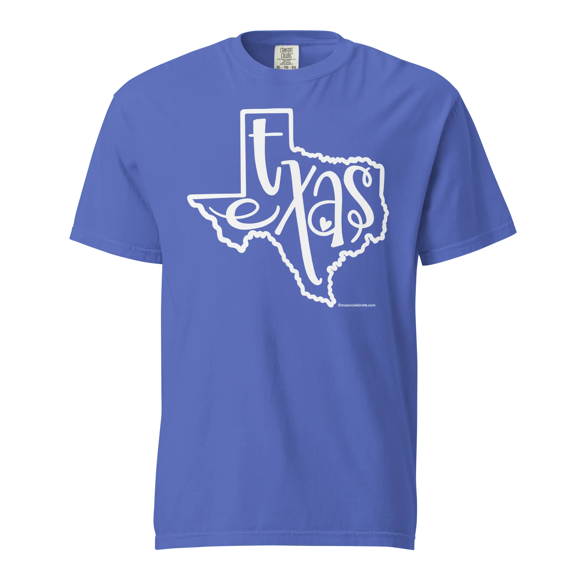 Texas T-shirt: White Handlettered Design on Blue Comfort Colors Tee
