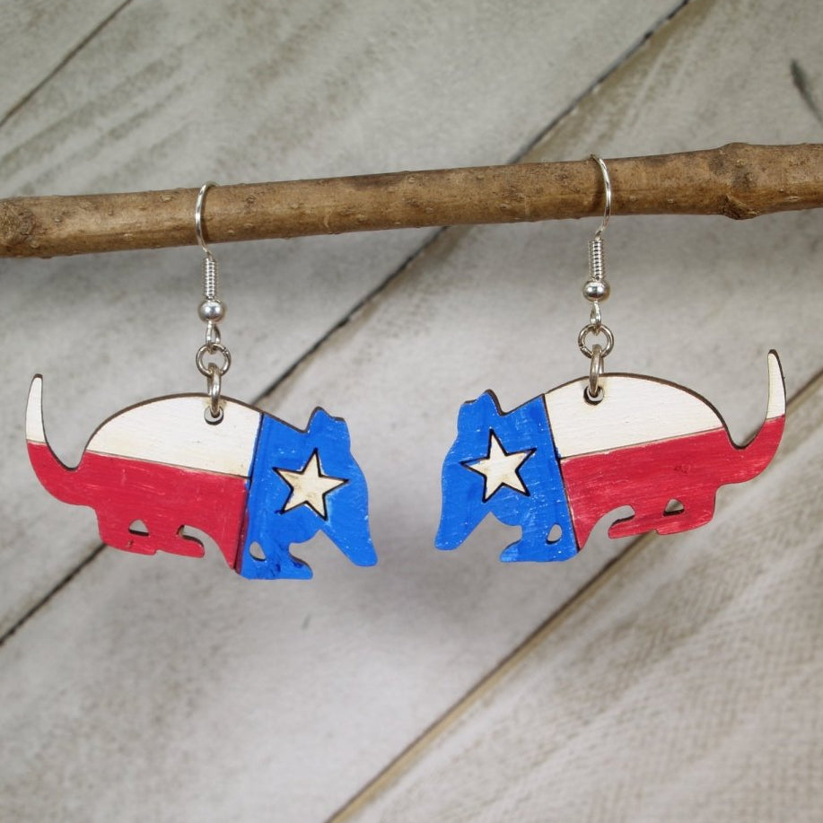 Texas Flag Armadillo Wooden Earrings | Lone Star State Jewelry