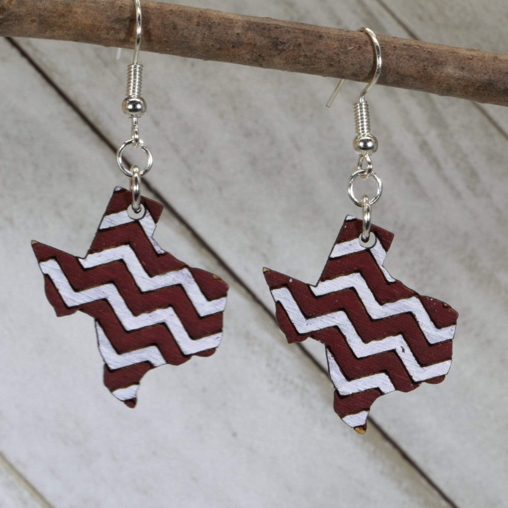 Texas Maroon White Chevron Wooden Dangle Earrings | State Jewelry