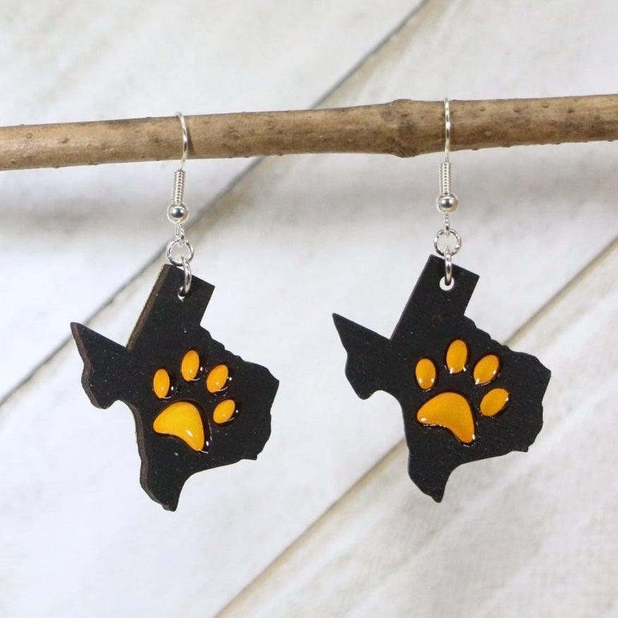 Texas Paw Print Wood Resin Earrings | Texas School Spirit Jewelry