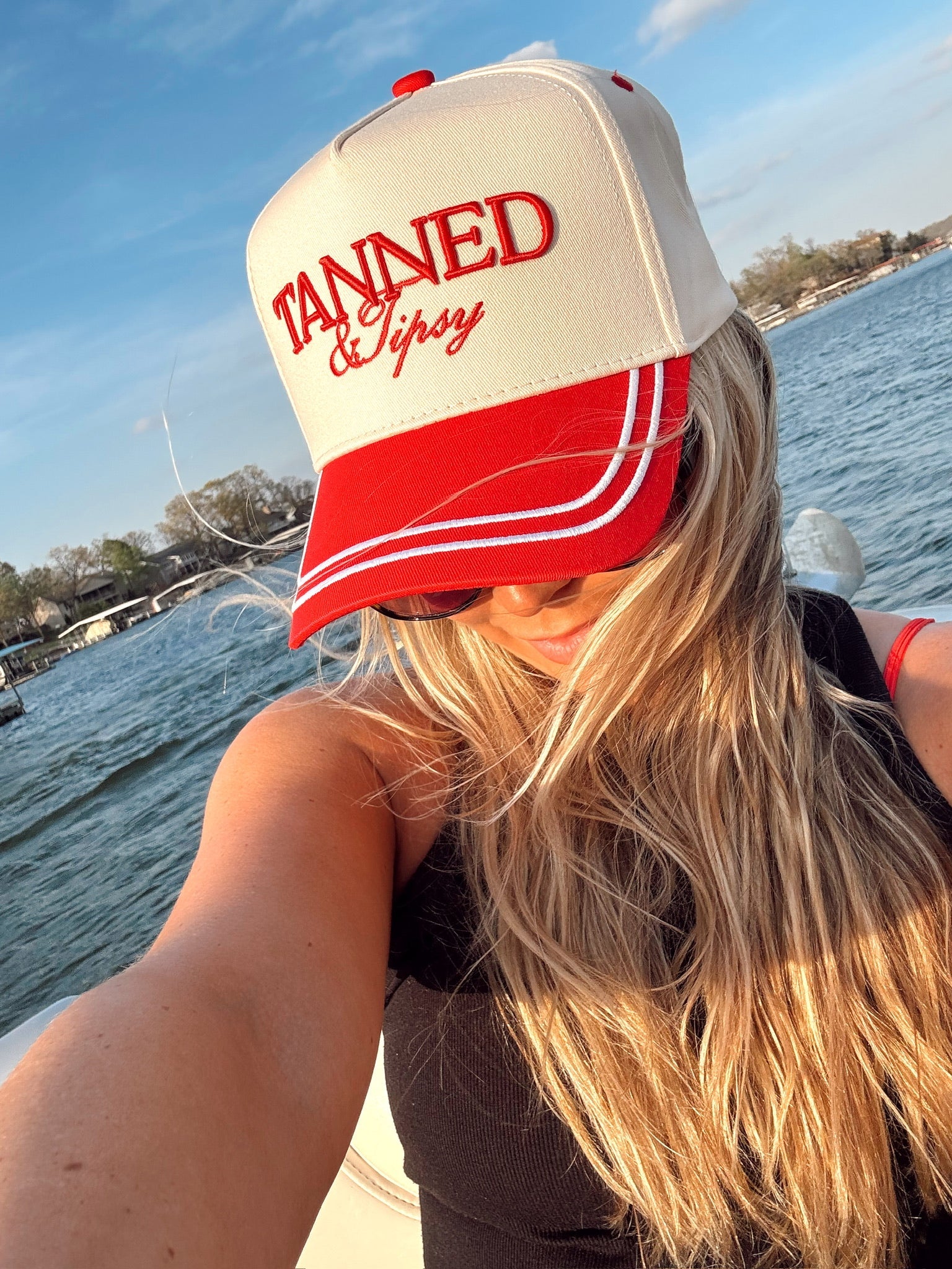 Tanned & Tipsy - Red Vintage Trucker Hat by KenzKustomz, Southern lifestyle apparel detail photo 10