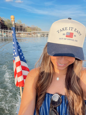 Take it Easy Navy Flag Vintage Trucker Hat by KenzKustomz, Southern lifestyle apparel detail photo 8