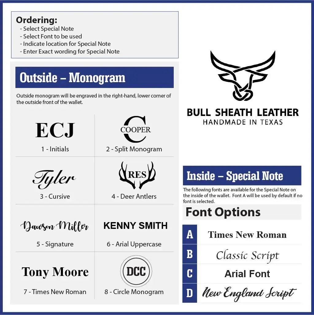 Leather money clip wallet customization options including monograms and fonts.