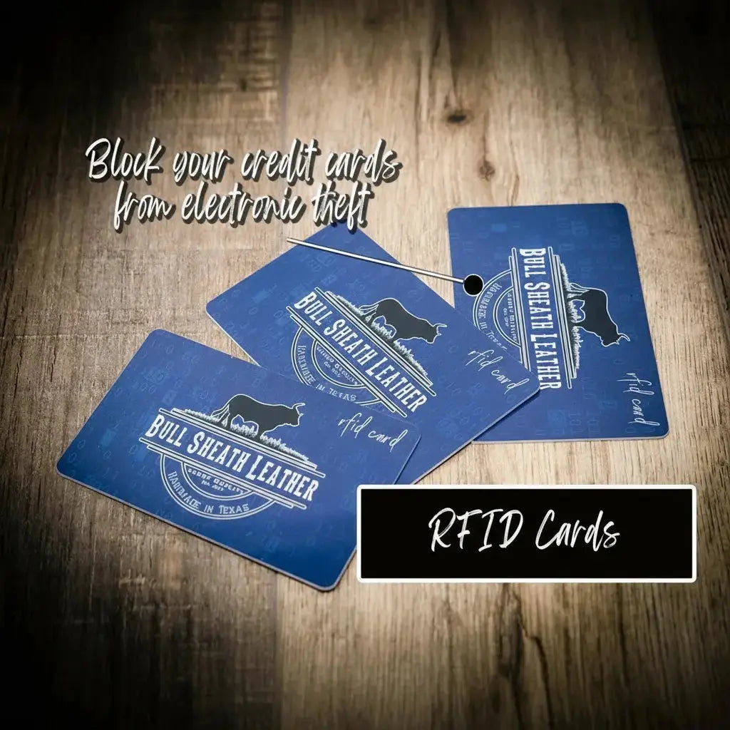 Blue RFID cards with "Bull Sheath Leather" logo and "Block your credit cards from electronic theft" text.