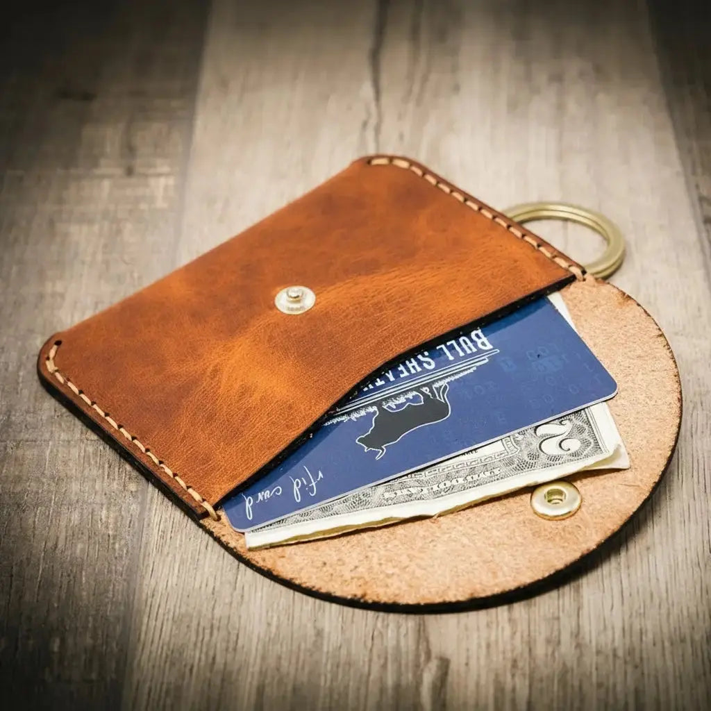 Leather keychain wallet with credit card and cash.