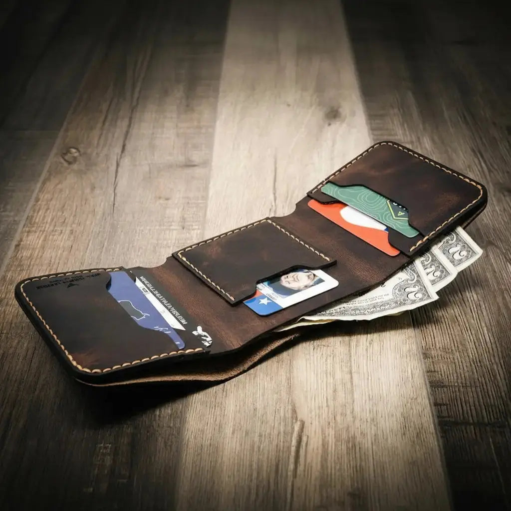 The Trinity Trifold Wallet by Bull Sheath Leather, handmade leather goods detail photo 10