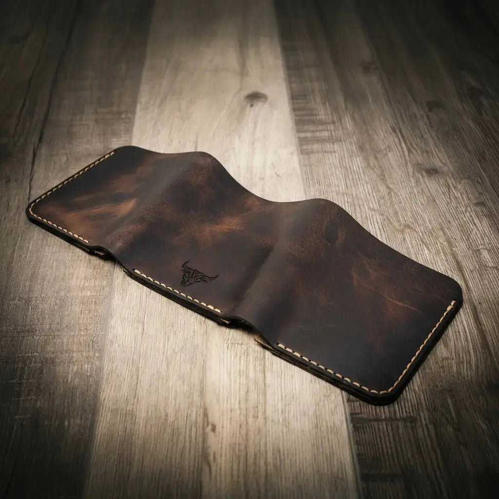 The Trinity Trifold Wallet by Bull Sheath Leather, handmade leather goods detail photo 11