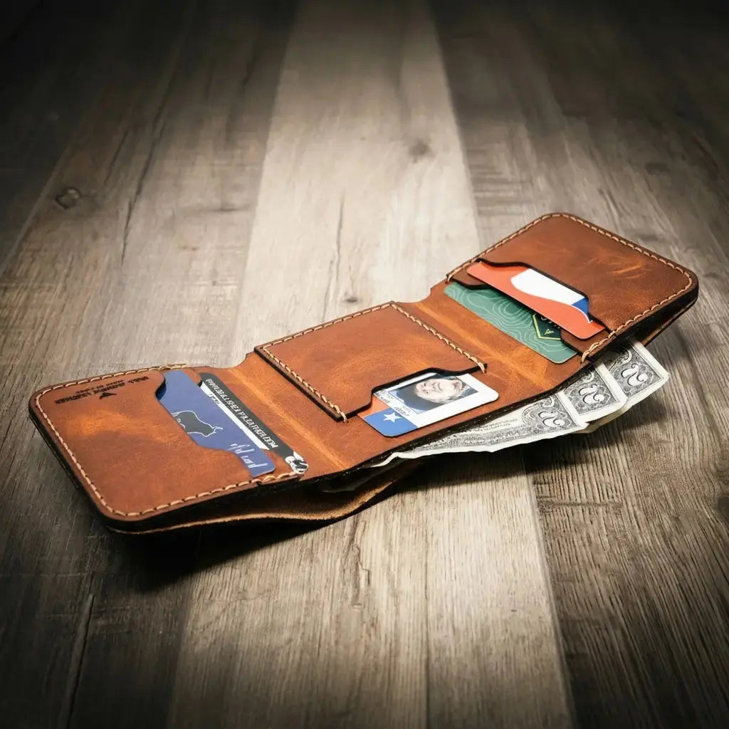 The Trinity Trifold Wallet by Bull Sheath Leather, handmade leather goods detail photo 15