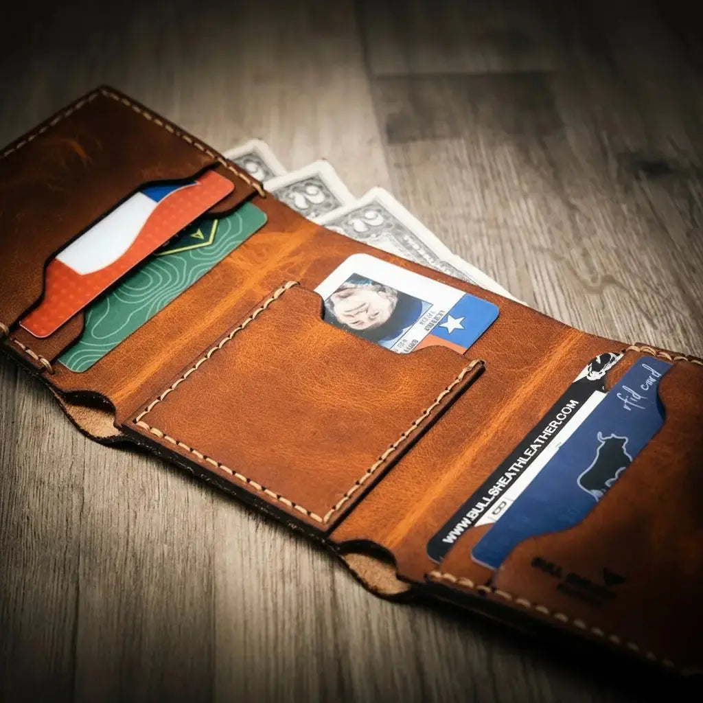 The Trinity Trifold Wallet by Bull Sheath Leather, handmade leather goods detail photo 18