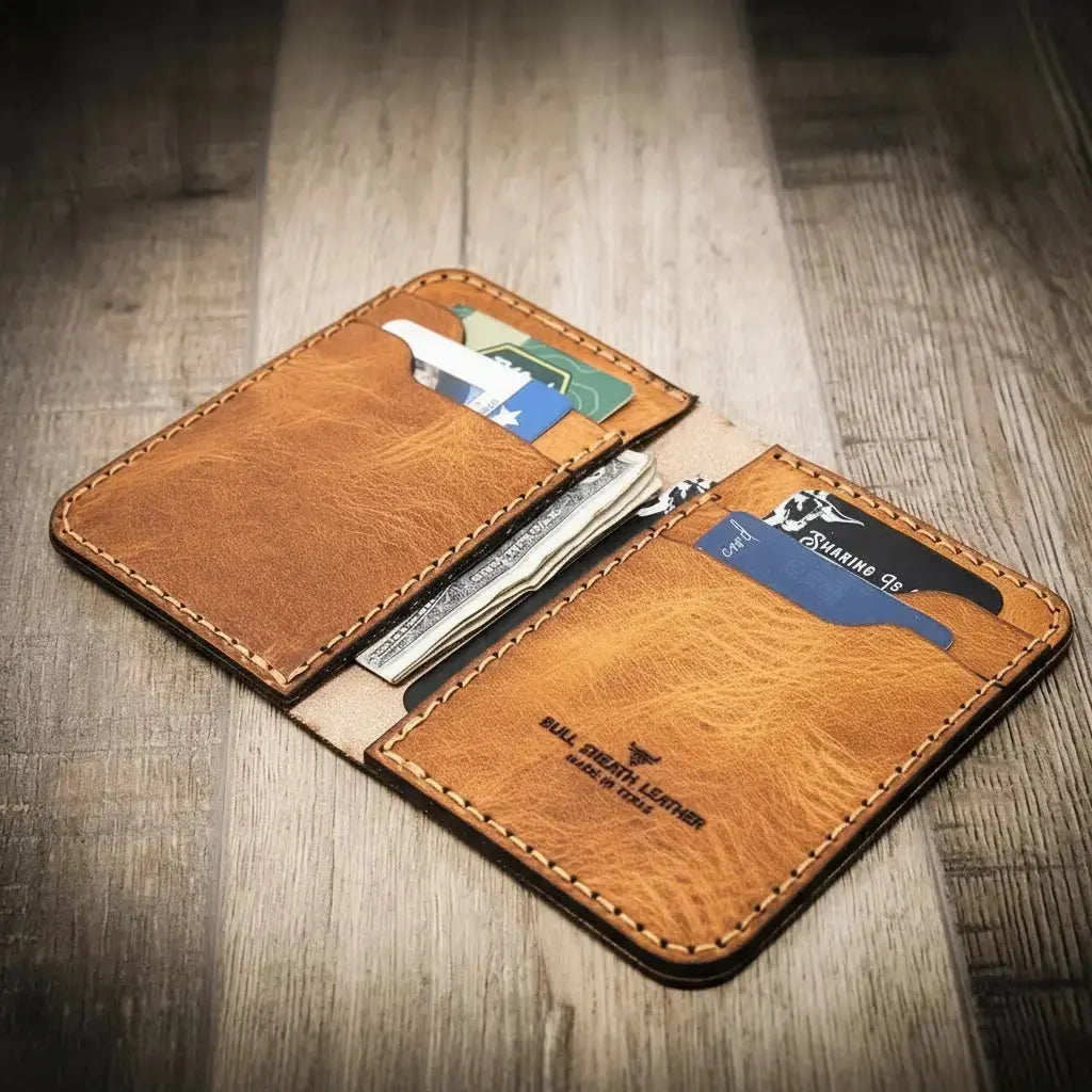 Brown leather vertical wallet with cards and cash