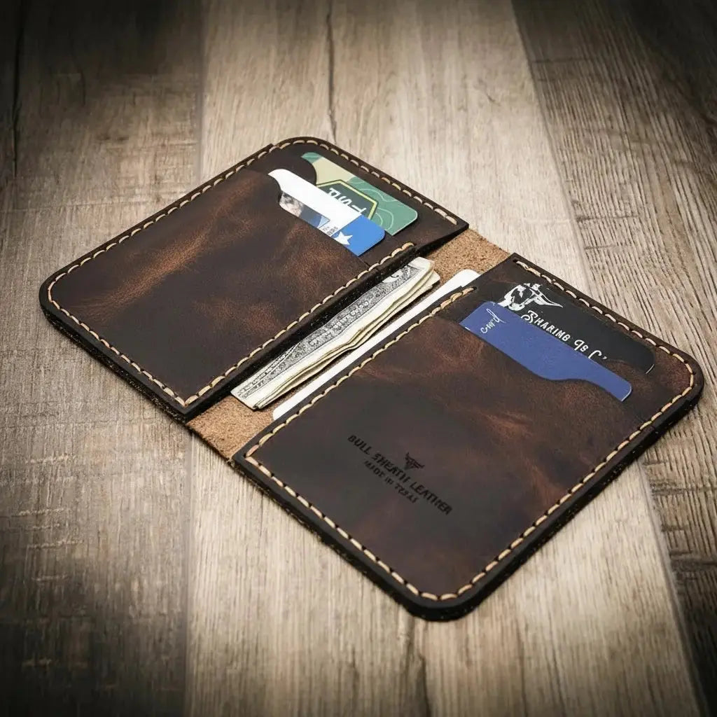 The Tyler Vertical Wallet by Bull Sheath Leather, handmade leather goods detail photo 6