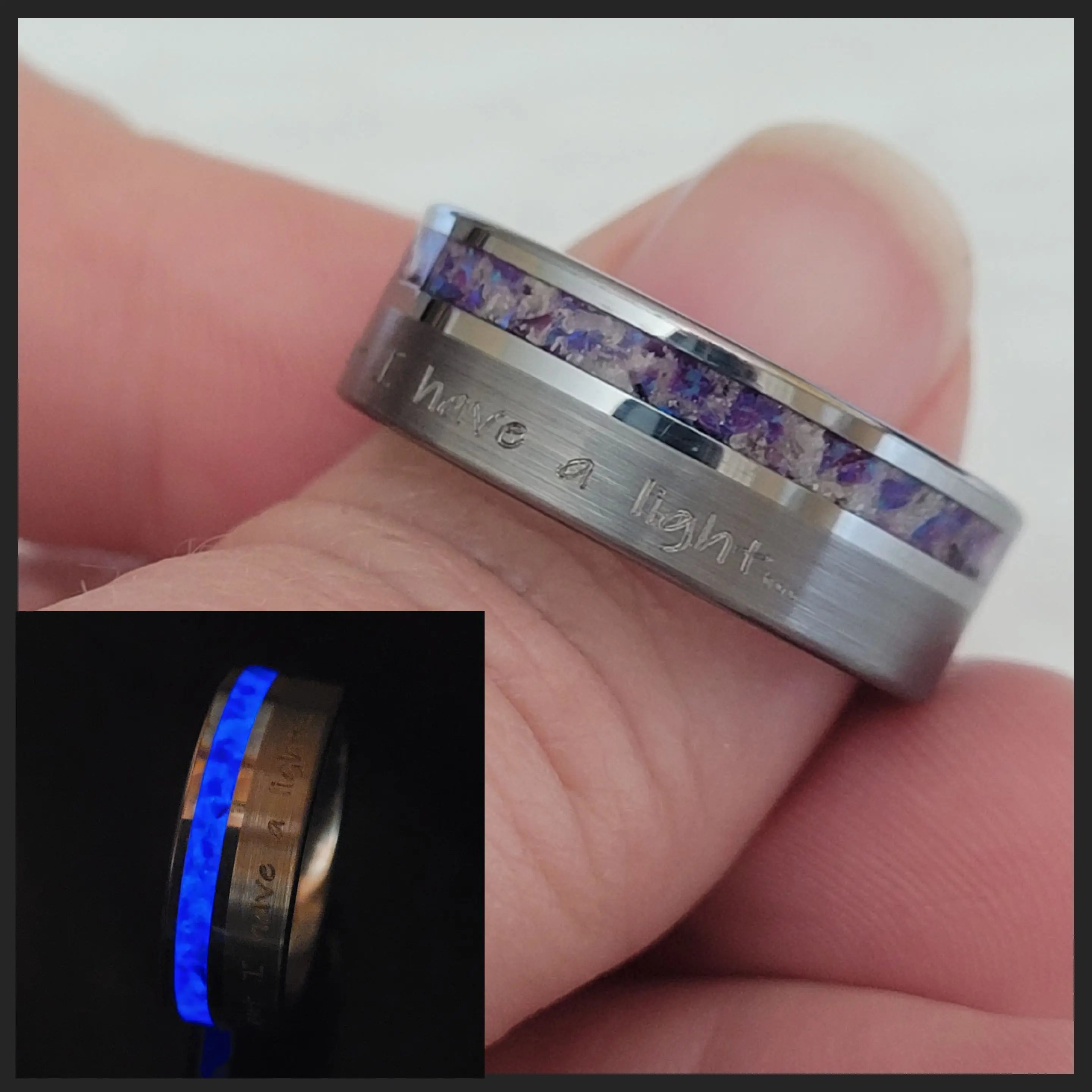 Tungsten memorial ring with purple opal inlay and inscription, also showing a blue glowing version of the ring.