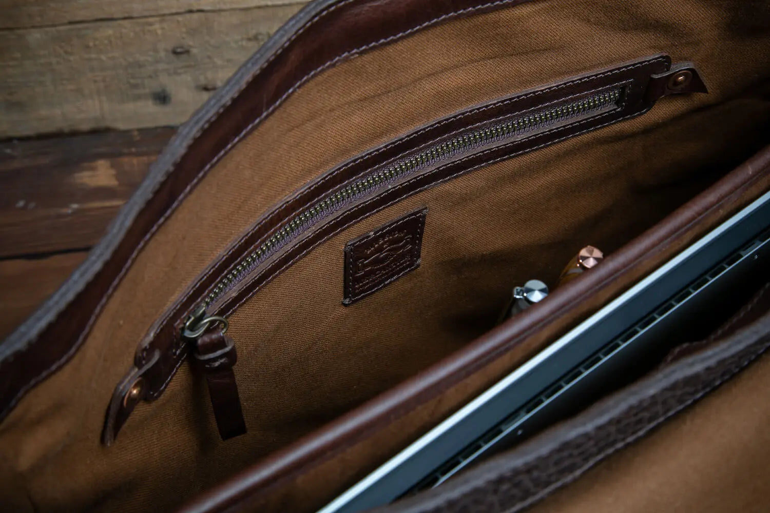 Theodore Leather Messenger Bag by Mission Mercantile Leather Goods, handmade leather goods detail photo 6