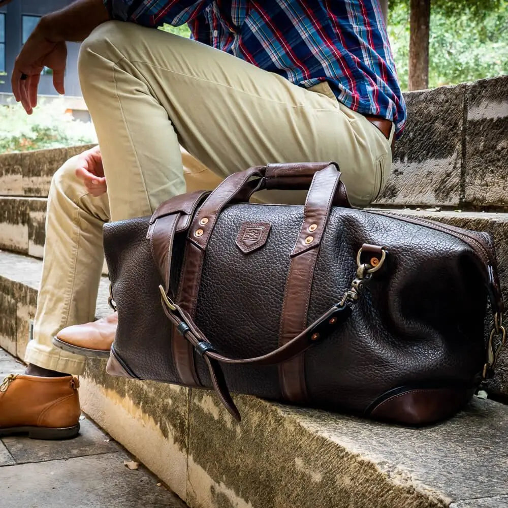 Theodore Leather Weekender Duffle Bag by Mission Mercantile Leather Goods, handmade leather goods main product photo